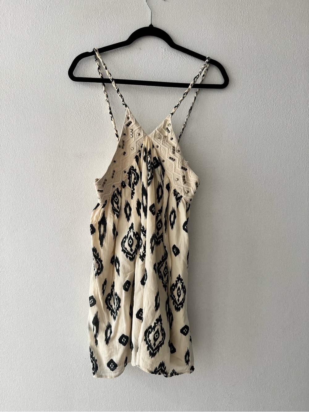 Cream and Black Printed Spaghetti-Strap Women's Dress